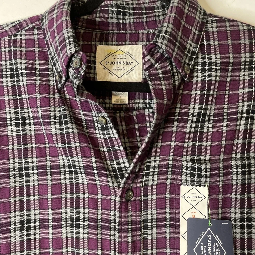 St John's Bay Mens S Purple Plaid Flannel Shirt NWT Cotton Button Down